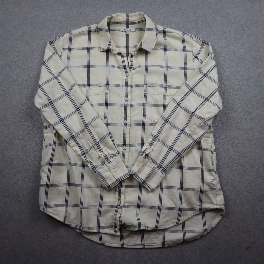 Madewell Flannel Womens M Courier Cream Navy Windowpane Plaid Button Long Sleeve